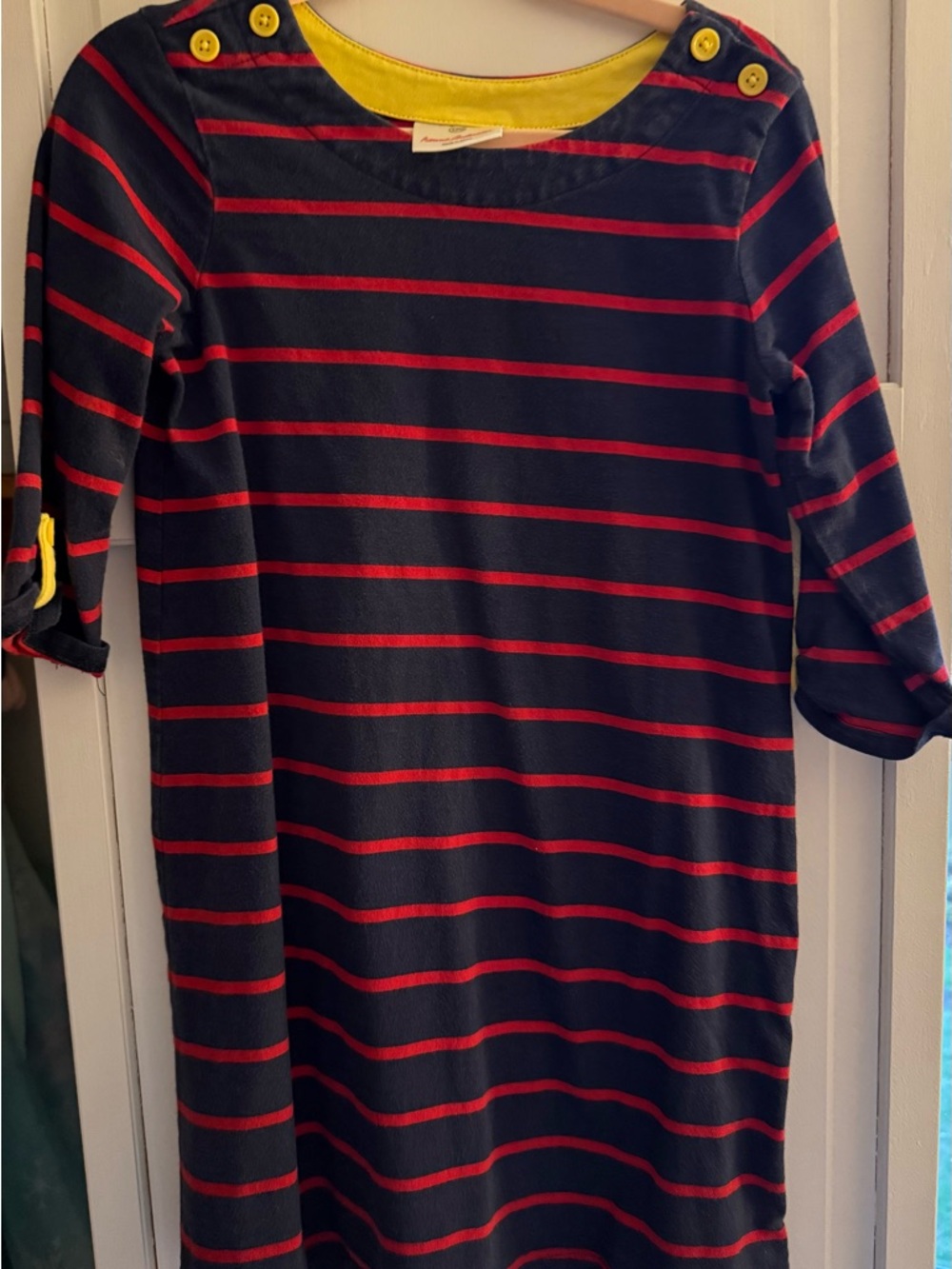 Hanna Andersson Navy and Red Striped Top with Yellow Trim
